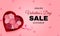 Valentine`s day sale offer for website banner decorated with heart shaped box filled with paper flower and pink pearls.