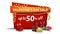 Valentine`s day sale, up to 50% off, red banner in cartoon style with garland, heart shaped balloon and gift of chocolates.