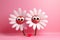 Valentine\\\'s Day scene with two affectionate white cartoon daisies, face emotion featuring loving eyes, red heart, blooms