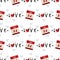 Valentine`s Day seamless pattern of Calendar 14 February and Love text with red hearts with arrow on white background.