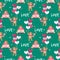 Valentine`s Day seamless pattern of cute bear holding a bouquet, heart shape balloons and calendar February 14 on green background