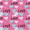 Valentine`s Day seamless pattern of cute candies, pink and blue heart shape balloons with Love text on pink background.