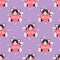 Valentine`s Day seamless pattern of cute cat holding pink heart with LOVE YOU and MISS YOU text on purple background.