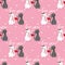 Valentine`s Day seamless pattern of cute couple cats and red heart with Love you text on pink background with tiny hearts.