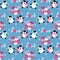 Valentine`s Day seamless pattern of cute couple penguins with heart shape balloon and love text on blue background.