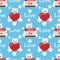 Valentine`s Day seamless pattern of cute polar bear with calendar February 14 and red heart with cute white flowers and Love text.