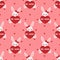 Valentine`s Day seamless pattern of cute rabbit and heart with BE MINE text and tiny hearts.