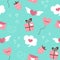Valentine`s day seamless pattern. Gift boxes, heart balloons, speech bubble, strawberry, love letter and doodle elements.