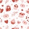 Valentine s Day seamless pattern with hand drawn elements on bright background. Flower, letter, coffee. Background for