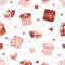 Valentine s Day seamless pattern with hand drawn elements on bright background. Flower, letter, coffee. Background for