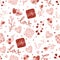 Valentine s Day seamless pattern with hand drawn elements on bright background. Flower, letter, coffee. Background for