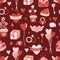 Valentine s Day seamless pattern with hand drawn elements on bright background. Flower, letter, coffee. Background for