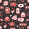 Valentine s Day seamless pattern with hand drawn elements on bright background. Flower, letter, coffee. Background for