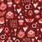 Valentine s Day seamless pattern with hand drawn elements on bright background. Flower, letter, coffee. Background for