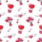 Valentine`s day seamless pattern with pink elements in doodle style. Gift on balloons. Aerostat. Heart with wings. Hand drawn