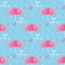 Valentine`s Day seamless pattern of pink umbrella in the air with tiny heart raining and Love is in the air text.