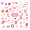 Valentine`s Day set. Heart, gifts, flowers, bra, sweets. Fall in love. Template for stickers, congratulations, scrapbooking,