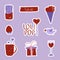 Valentine's day set of stickers with gifts, ice cream, cup of hot chocolate, strawberry, glass of wine, lollipop and