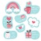 Valentine`s day sticker pack. Hearts, rainbow, gift box, speech bubble, flower, coffee mug, love mail and candy can.