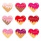 Valentine s day stickers. Cartoon hearts with sample text. Bright and pastel colors.