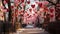 Valentine\\\'s Day in the streets. Beautiful decorations with heart shape in the cafes and restaurants. Waiting for the couples to c