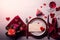 Valentine\\\'s Day table setting. With roses, glass of wine. Generative AI.