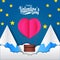 Valentine`s day template with paper cut style illustration of flying love balloon with mountain and star