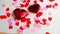 Valentine`s Day. Two haerts in hands and confetti on blue background. Valentines day background. Flat lay, top view