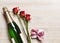 Valentine`s Day. Valentine`s Day. Champagne, gift box and red roses. Layout. Free space for text.