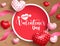 Valentine`s day vector background concept. Happy valentine`s day text in empty circle frame space with 3d heart and lasso.