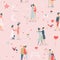 Valentine`s Day vector seamless pattern with cute lovers. Boyfriend and girlfriend are in love. Hand drawn illustration in vintage