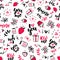 Valentine s Day vector seamless pattern. Isolated Artistic doodle drawings, lettering, love quotes.