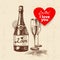 Valentine`s Day vintage background. Hand drawn illustration with heart. Champagne and wineglass