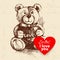 Valentine`s Day vintage background. Hand drawn illustration with heart form banner. Teddy bear