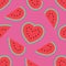 Valentine`s Day watermelon hearts seamless pattern on bright pink background. Flat cartoon style. Vector illustration