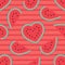 Valentine`s Day watermelon hearts seamless pattern on red striped background. Flat cartoon style. Vector illustration