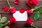 Valentine\'s Day: White empty paper card, roses, gold ring and box gift