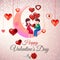 Valentine`s Day wish poster. Vector illustration. 3D red hearts with the couple sitting on the moon.