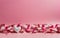Valentine\\\'s Delight: Curly Silk Ribbons, Shiny Sequins, and Heart-Shaped Confetti on a Pastel Pink Canvas