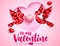 Valentine`s dove vector background design. Happy valentine`s day text with couple doves paper cut and 3d hearts.