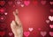 Valentine`s fingers love couple and hearts background