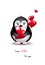 Valentine`s penguin with red hearts