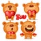 Valentine teddy bear emoji cartoon characters set with hearts