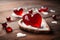 Valentine week Background of images of glossy red heart-shaped objects on a wooden background with white paint.