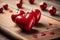 Valentine week Background of images of glossy red heart-shaped objects on a wooden background with white paint.