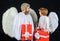 Valentines angel. Father and son Angels with red gift. Happy man family with wings.