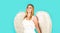 Valentines angel girl. Cute female cupid in white angelic wings. Valentine angels woman.