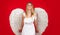 Valentines angel girl. Smiling woman with white wings. Cute Valentine day cupid.
