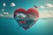 Valentines background of Blue whale swimming in ocean with lovely heart shape flying in the air with Generative AI