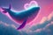 Valentines background of Blue whale swimming in ocean with lovely heart shape flying in the air with Generative AI